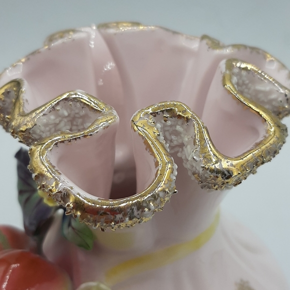 Vintage L'Amour Majolica Apples & Blossoms Pink Pinched Ruffled Top Vase Japan - Picture 6 of 9